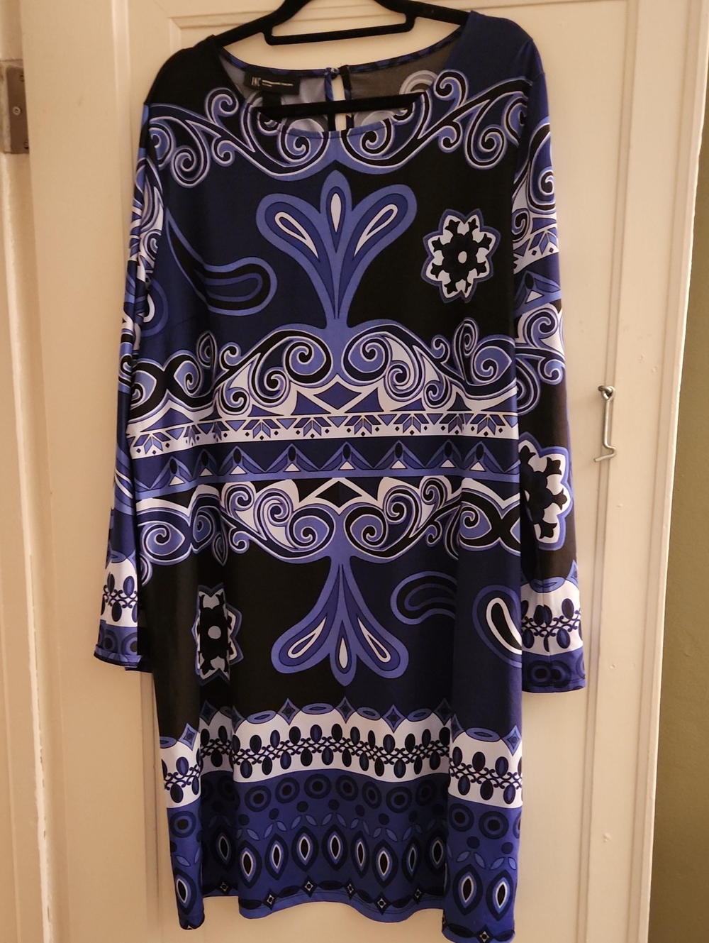 INC International Concepts Blue & Black Long Sleeve Printed Dress